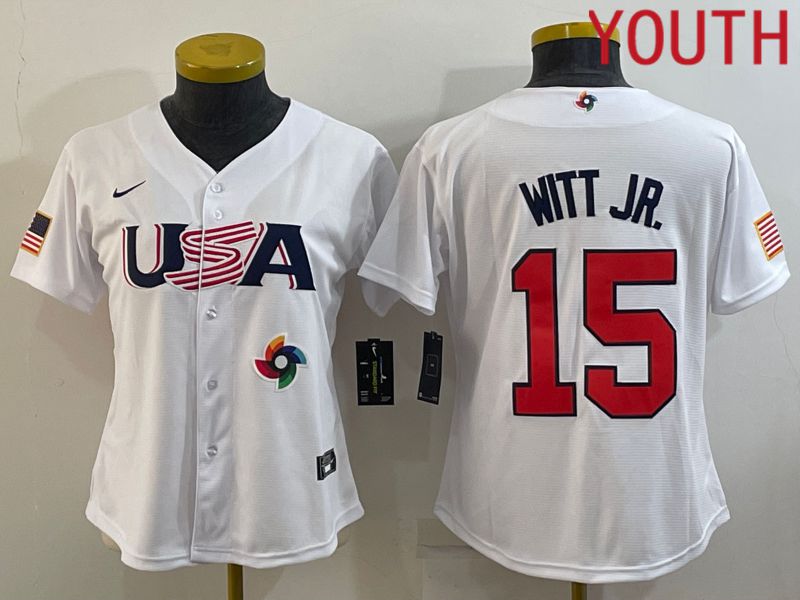 Youth 2023 World Cub USA 15 Witt jr White MLB Jersey7